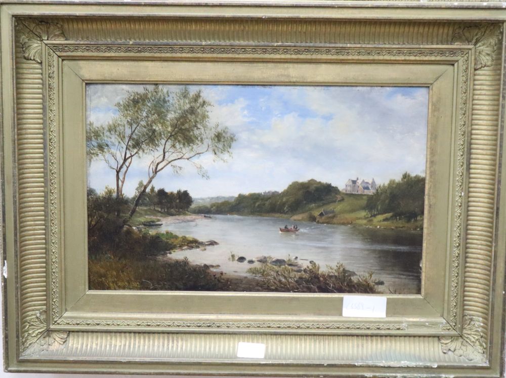 James Richard Marquis (fl.1862), oil on board, River scene with rowing boat, 24 x 39cm